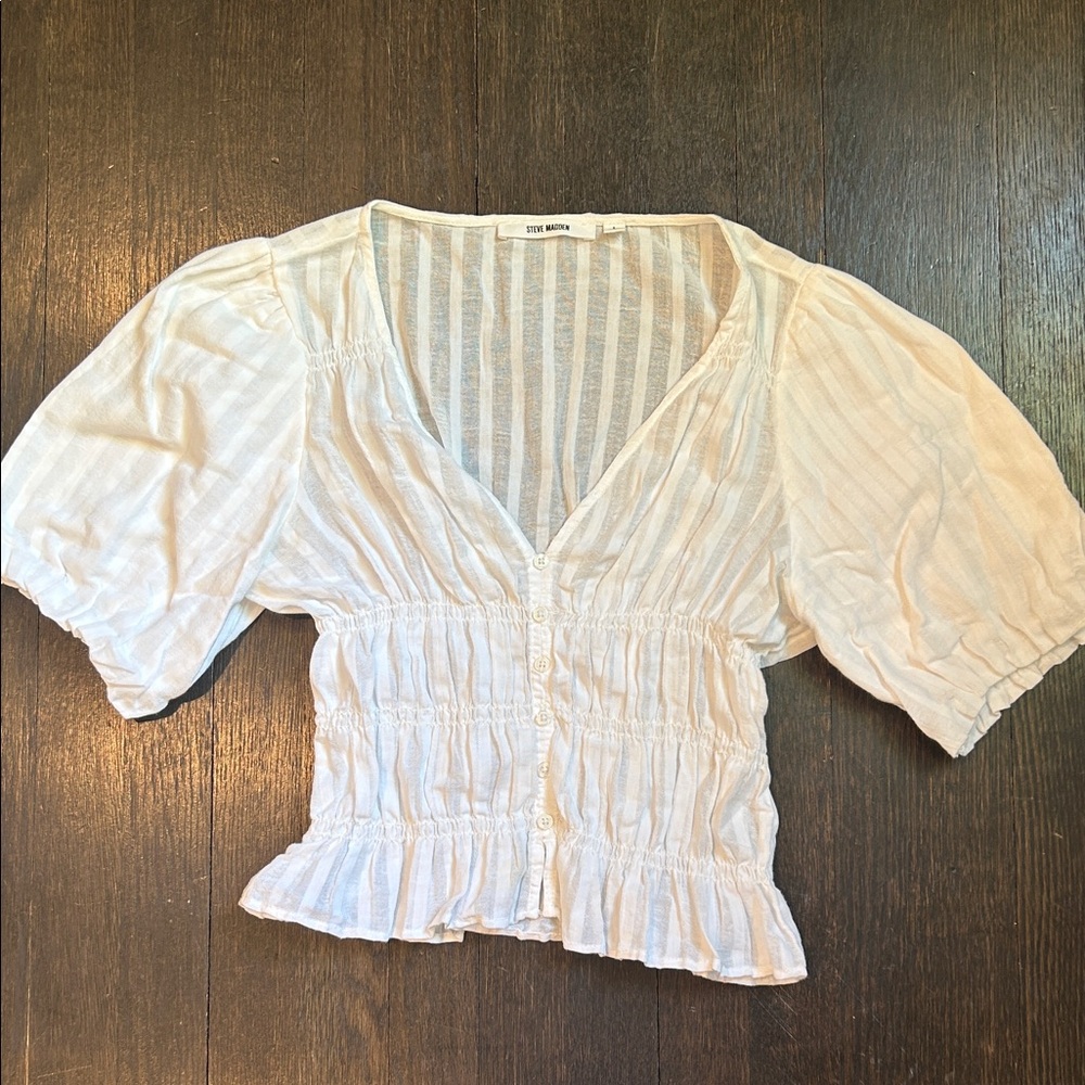 Steve Madden White Puff Sleeve Smocked Button Blouse
